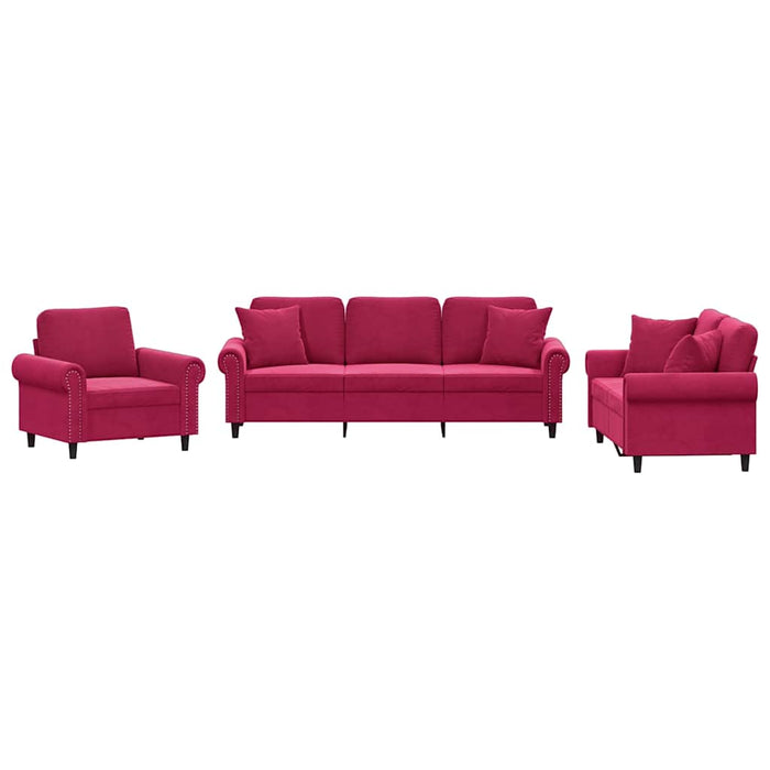 Set canapele cu perne, 3 piese, roșu vin, catifea WALTI