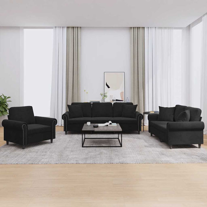 Set de canapele cu perne, 3 piese, negru, catifea - WALTI WALTI