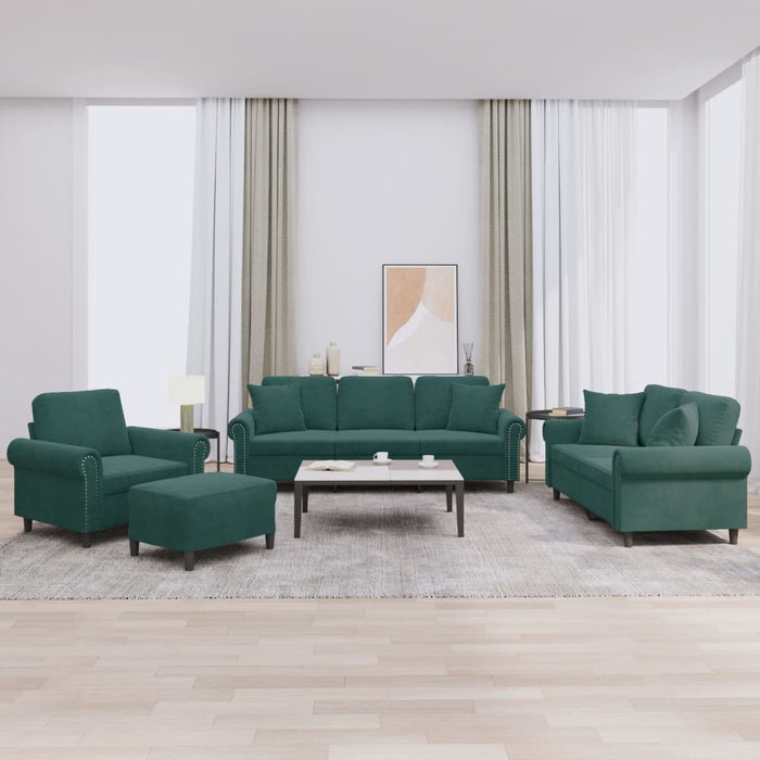 Set canapea cu perne, 4 piese, verde închis, catifea - WALTI WALTI