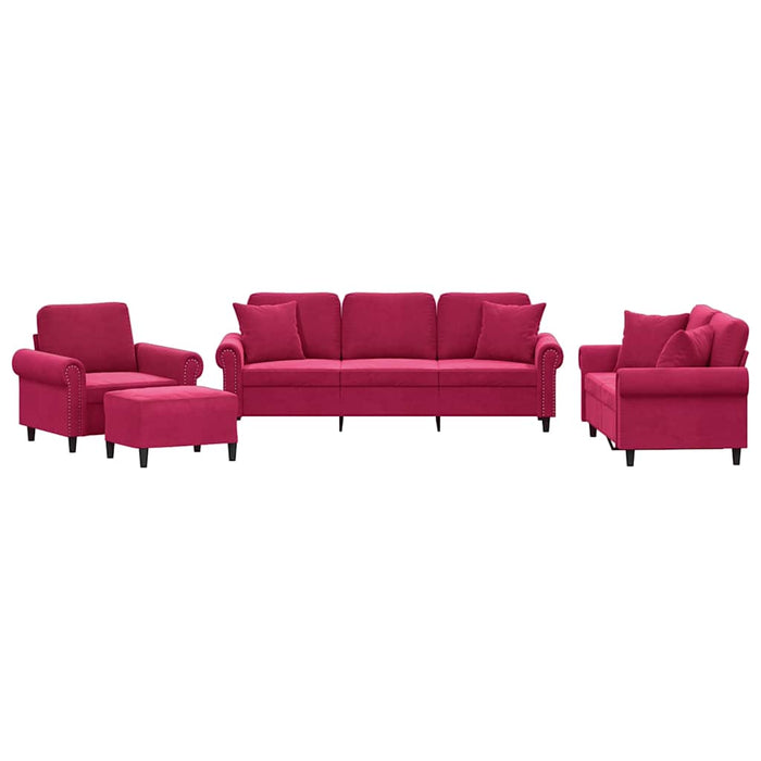 Set canapele cu perne, 4 piese, roșu vin, catifea WALTI