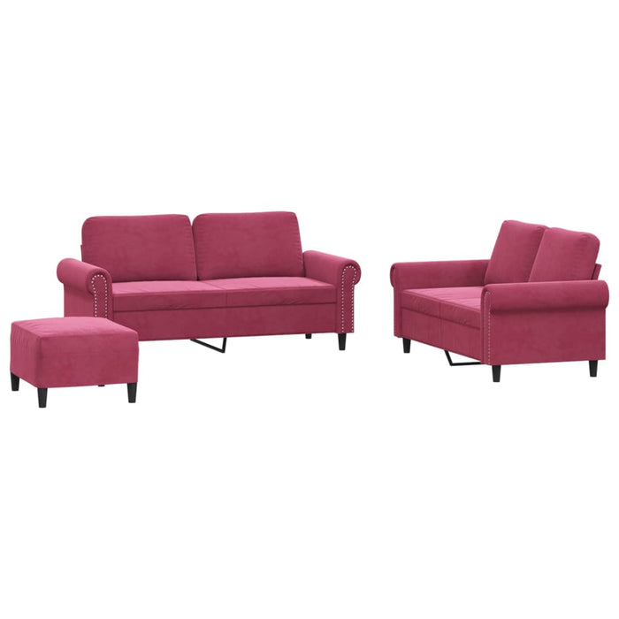 Set canapea cu perne, 3 piese, roșu vin, catifea - WALTI WALTI