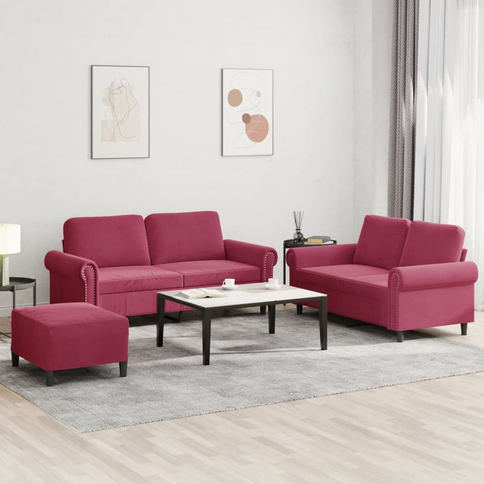 Set canapea cu perne, 3 piese, roșu vin, catifea - WALTI WALTI