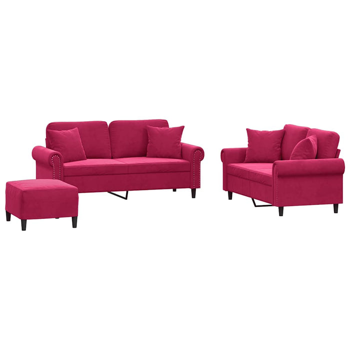 Set canapele cu perne, 3 piese, roșu vin, catifea - WALTI WALTI