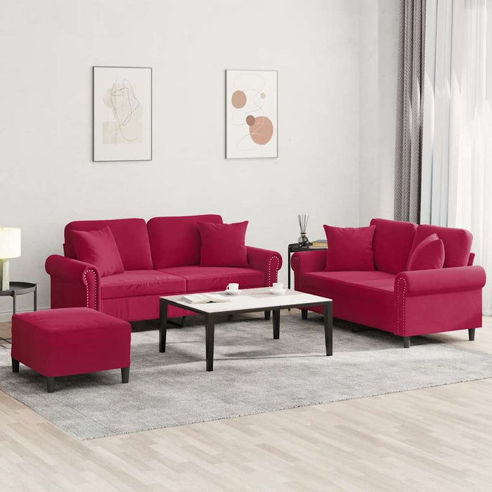 Set canapele cu perne, 3 piese, roșu vin, catifea - WALTI WALTI