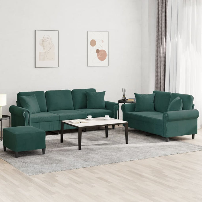Set canapea cu perne, 3 piese, verde închis, catifea WALTI