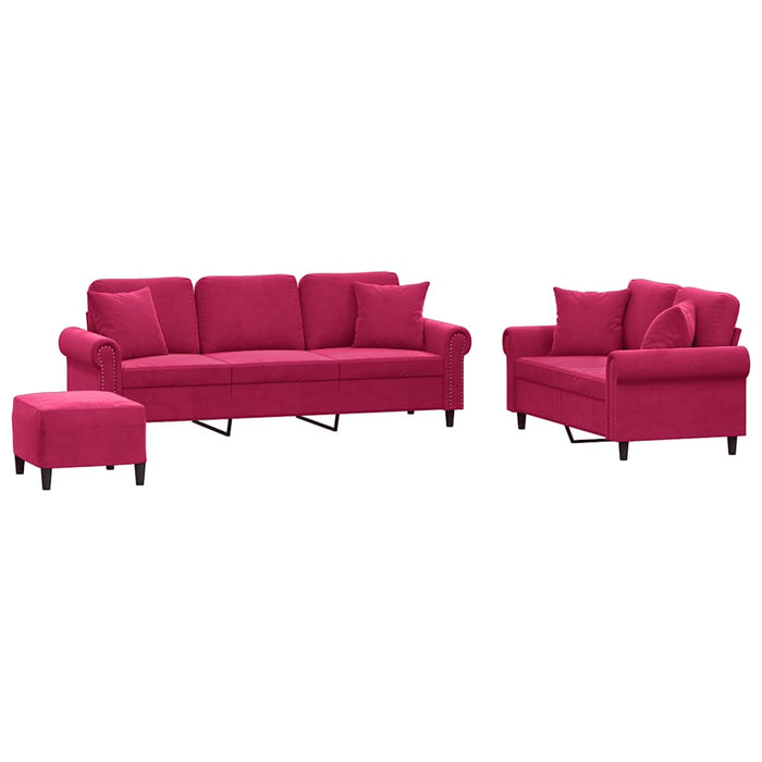 Set canapele cu perne, 3 piese, roșu vin, catifea WALTI