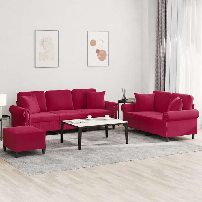 Set canapele cu perne, 3 piese, roșu vin, catifea WALTI