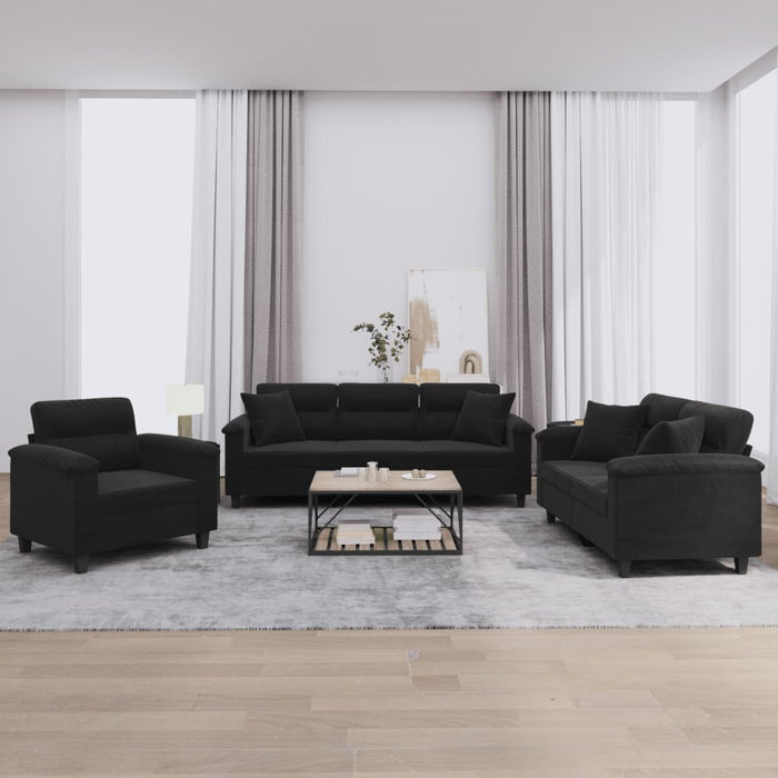 Set de canapele cu perne, 3 piese, negru, microfibră - WALTI WALTI