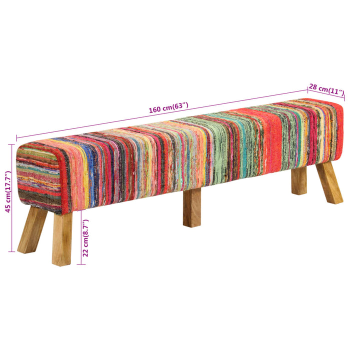 Bancă, multicolor, 160 cm, țesătură chindi și lemn masiv mango WALTI