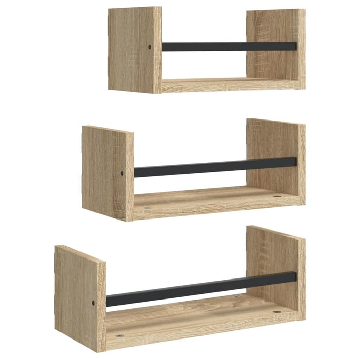 Set rafturi perete cu bare, 3 buc, stejar sonoma lemn prelucrat - WALTI WALTI