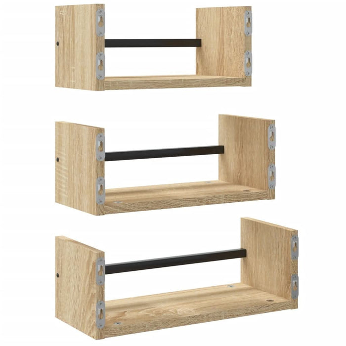 Set rafturi perete cu bare, 3 buc, stejar sonoma lemn prelucrat - WALTI WALTI