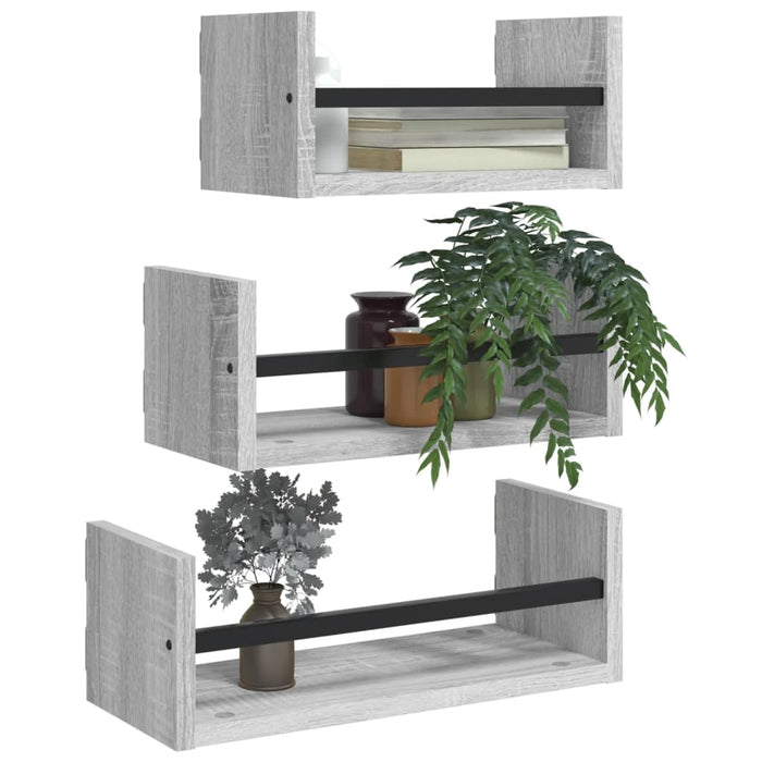 Set rafturi perete cu bare, 3 buc, gri sonoma, lemn prelucrat - WALTI WALTI