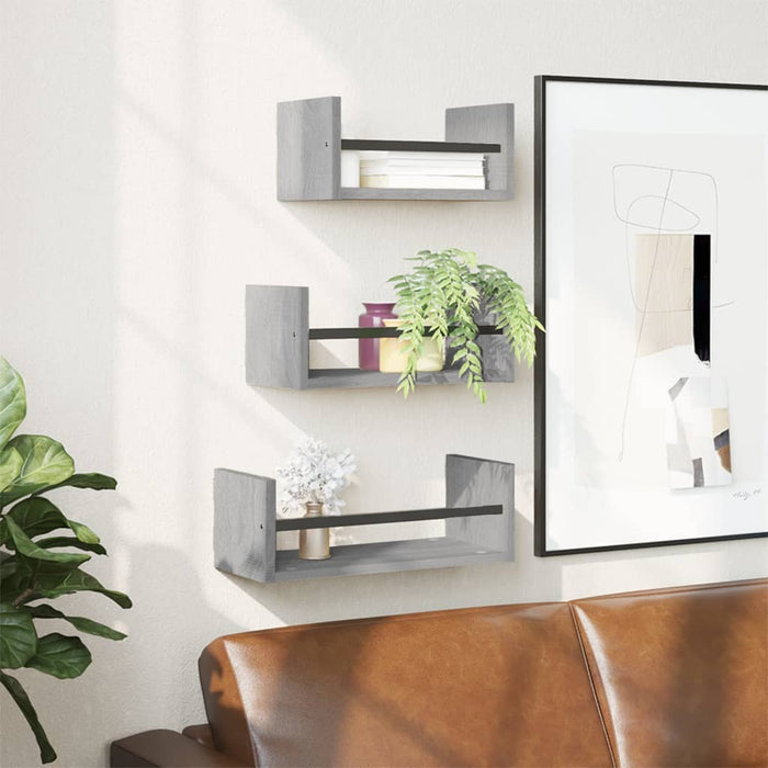 Set rafturi perete cu bare, 3 buc, gri sonoma, lemn prelucrat - WALTI WALTI
