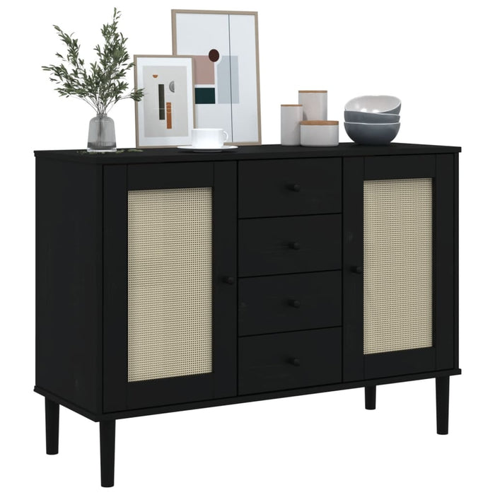 Servantă SENJA, aspect ratan negru, 112x40x80cm, lemn masiv pin - WALTI WALTI