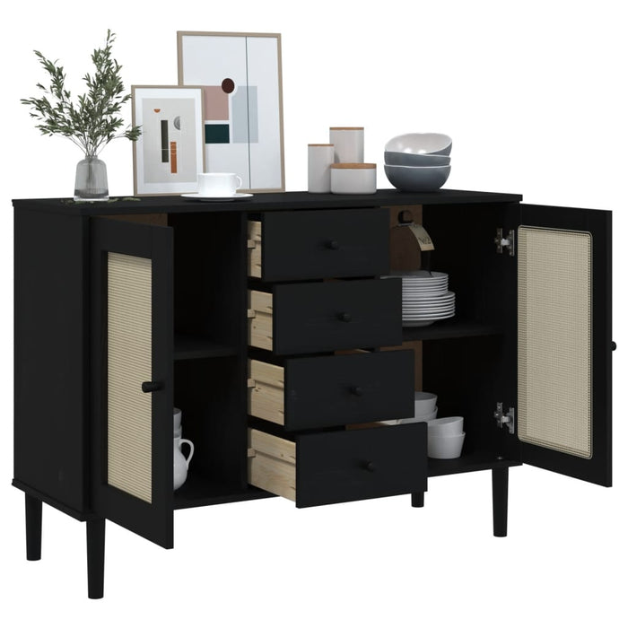 Servantă SENJA, aspect ratan negru, 112x40x80cm, lemn masiv pin - WALTI WALTI