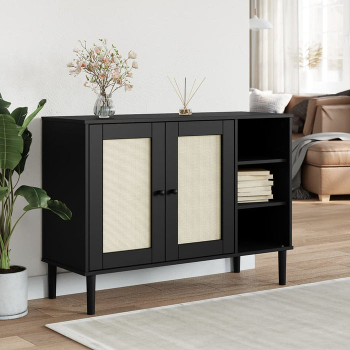 Servantă SENJA, aspect ratan negru, 112x40x80cm, lemn masiv pin - WALTI WALTI