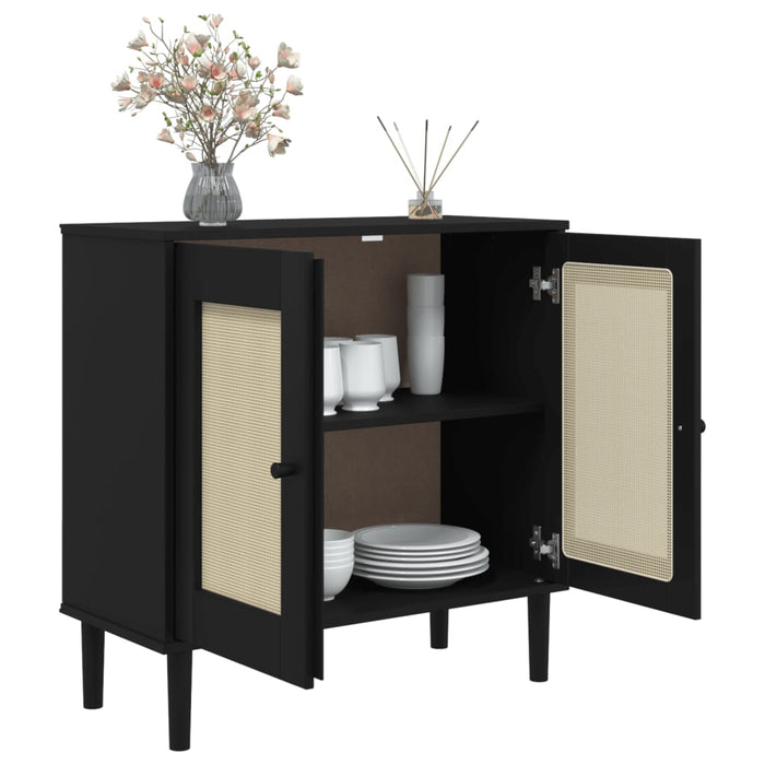 Servantă SENJA, aspect ratan negru, 80x35x80 cm, lemn masiv pin WALTI