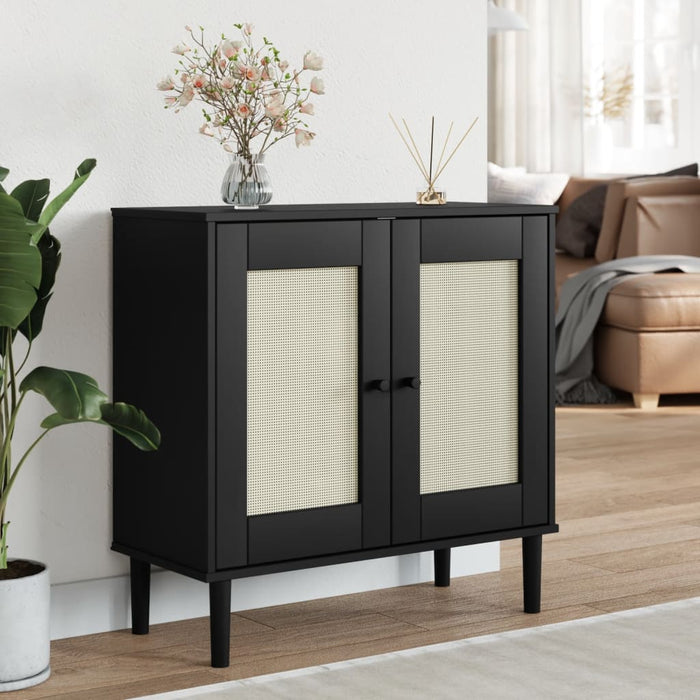 Servantă SENJA, aspect ratan negru, 80x35x80 cm, lemn masiv pin WALTI