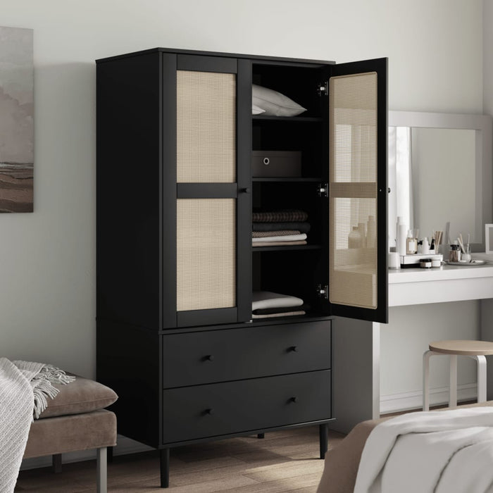 Șifonier SENJA, aspect ratan negru, 90x55x175cm, lemn masiv pin - WALTI WALTI