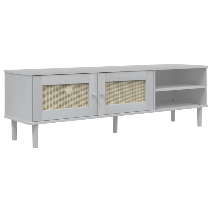 Comodă TV SENJA aspect ratan alb, 158x40x49 cm, lemn masiv pin WALTI