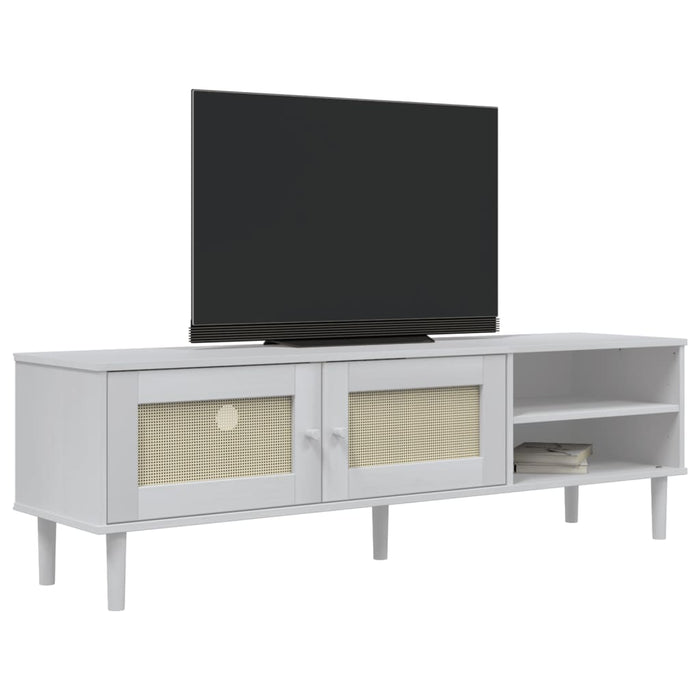 Comodă TV SENJA aspect ratan alb, 158x40x49 cm, lemn masiv pin WALTI