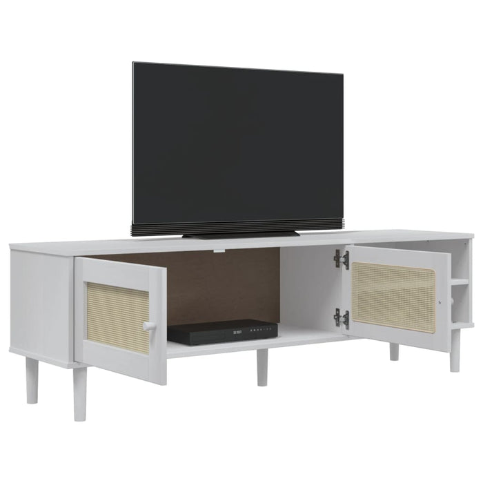 Comodă TV SENJA aspect ratan alb, 158x40x49 cm, lemn masiv pin WALTI
