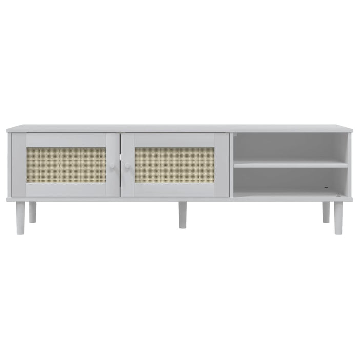 Comodă TV SENJA aspect ratan alb, 158x40x49 cm, lemn masiv pin WALTI