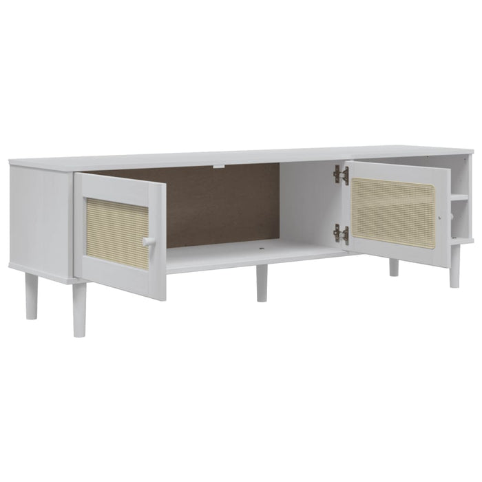 Comodă TV SENJA aspect ratan alb, 158x40x49 cm, lemn masiv pin WALTI