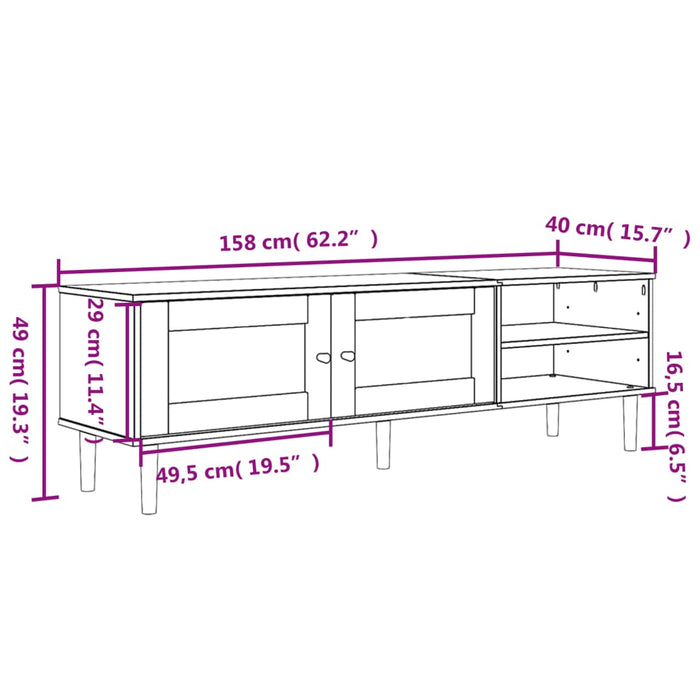Comodă TV SENJA aspect ratan alb, 158x40x49 cm, lemn masiv pin WALTI