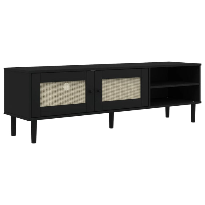Comodă TV SENJA aspect ratan negru, 158x40x49cm, lemn masiv pin WALTI