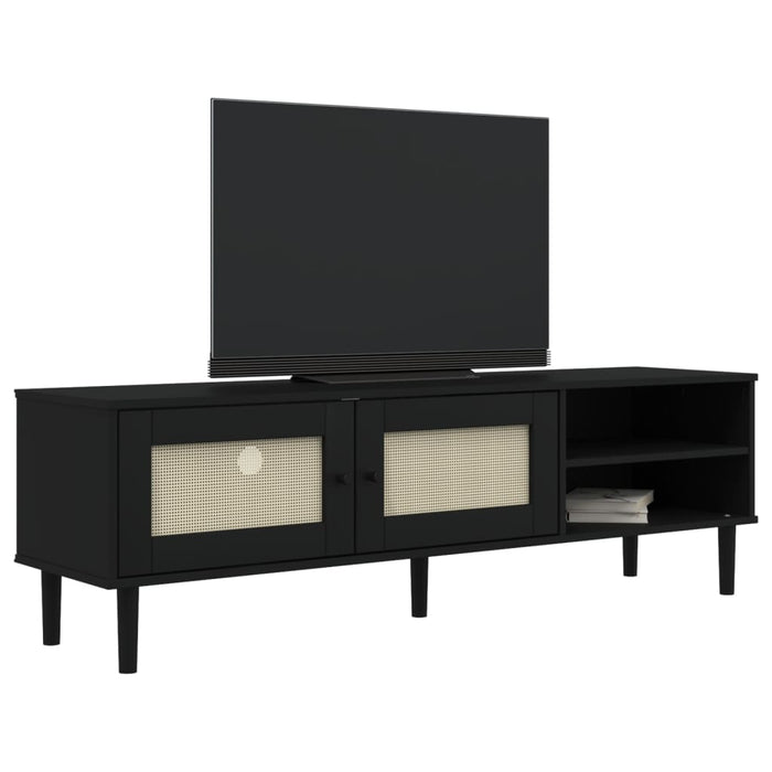 Comodă TV SENJA aspect ratan negru, 158x40x49cm, lemn masiv pin WALTI