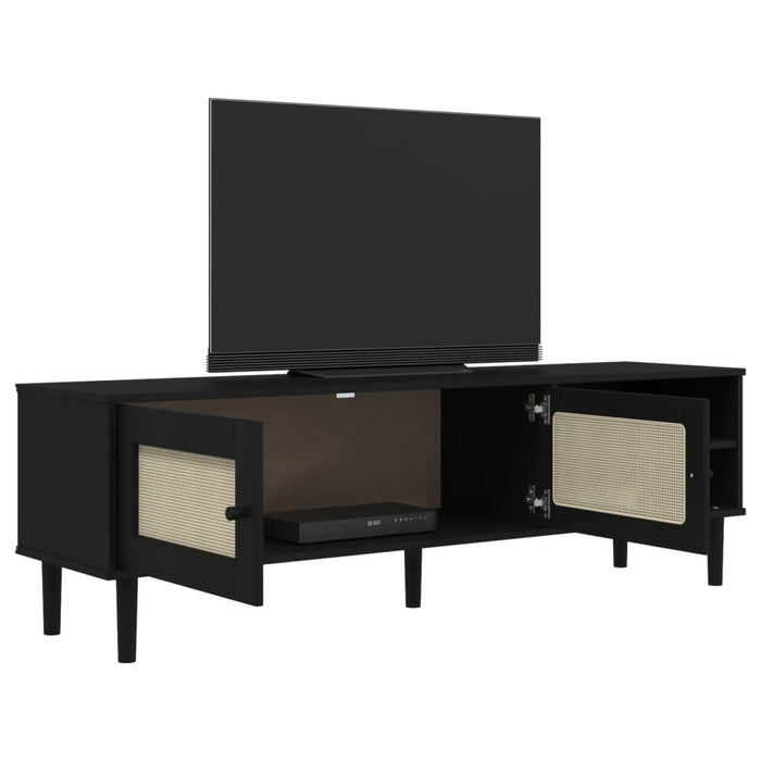 Comodă TV SENJA aspect ratan negru, 158x40x49cm, lemn masiv pin WALTI