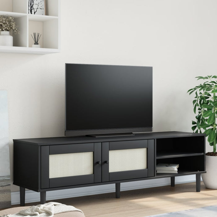 Comodă TV SENJA aspect ratan negru, 158x40x49cm, lemn masiv pin WALTI