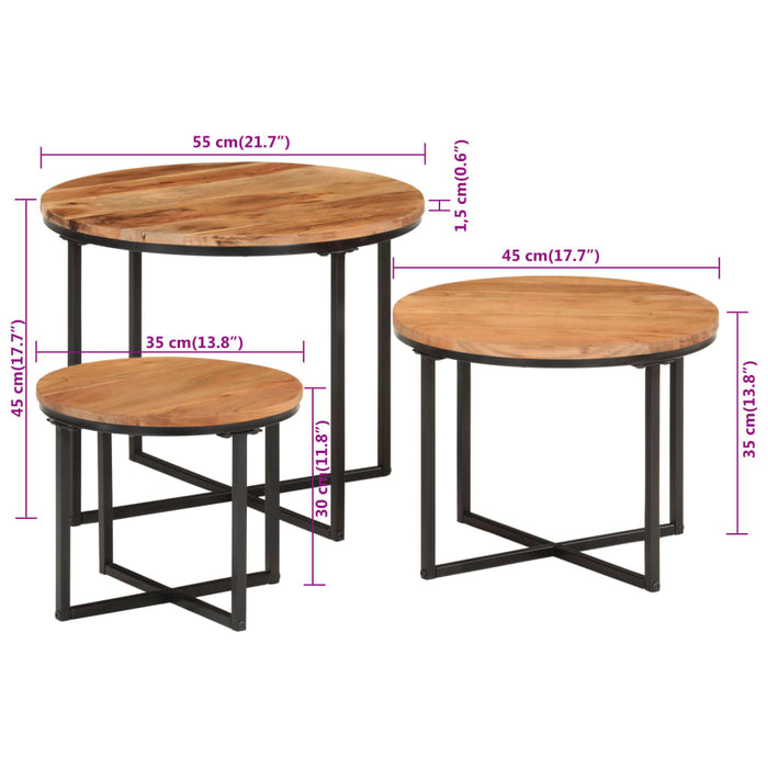 Măsuțe de cafea suprapuse, 3 buc., lemn masiv de acacia/fier WALTI