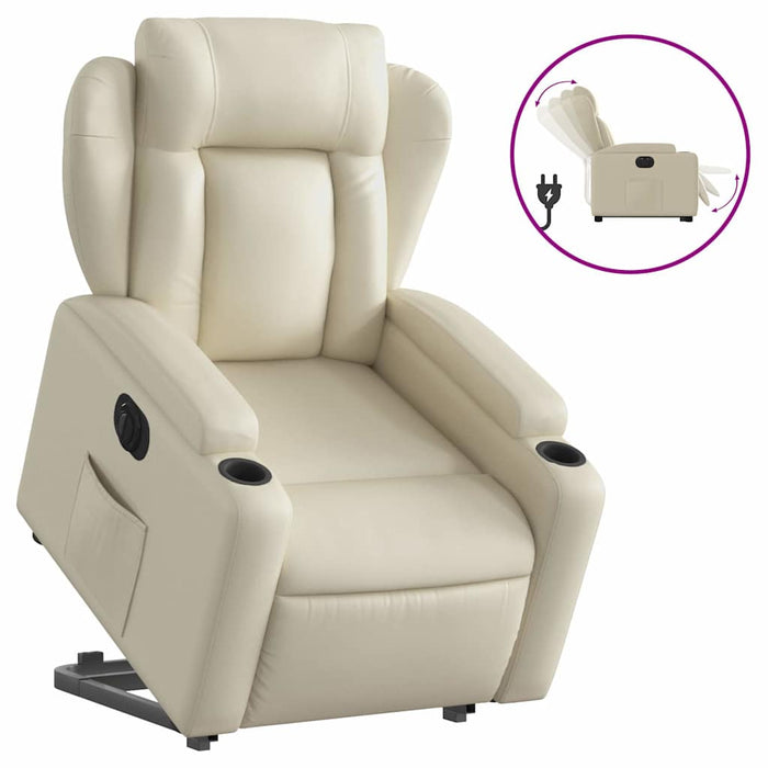 Fotoliu rabatabil electric cu ridicare, crem, piele ecologică WALTI