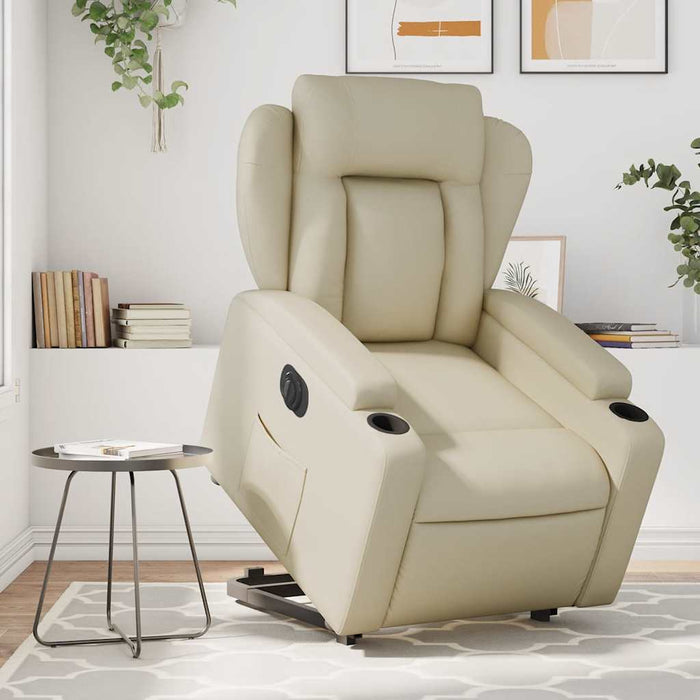 Fotoliu rabatabil electric cu ridicare, crem, piele ecologică WALTI