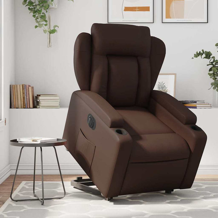 Fotoliu rabatabil electric cu ridicare, maro, piele ecologică WALTI
