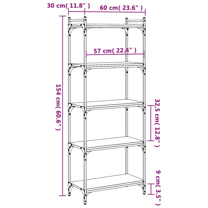 Bibliotecă 5 niveluri stejar afumat 60x30x154 cm lemn prelucrat WALTI