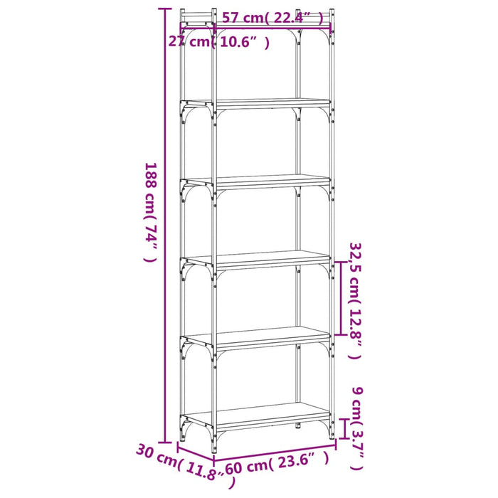 Bibliotecă 6 niveluri, stejar maro 60x30x188 cm, lemn prelucrat - WALTI WALTI