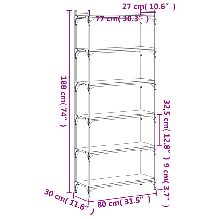 Bibliotecă cu 6 niveluri, negru, 80x30x188 cm, lemn prelucrat - WALTI WALTI