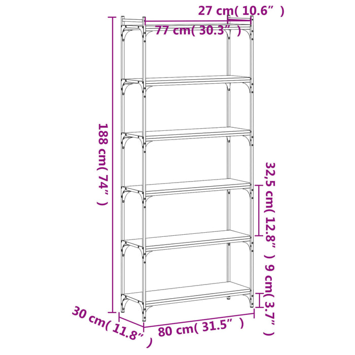 Bibliotecă 6 niveluri, stejar maro 80x30x188 cm, lemn prelucrat WALTI