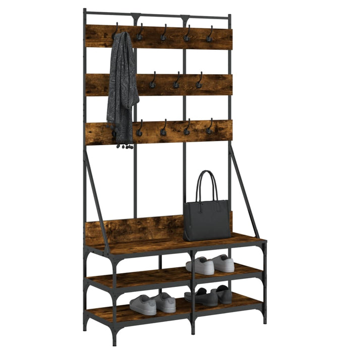 Suport de haine cu raft de pantofi stejar fumuriu, 100x40x184cm WALTI