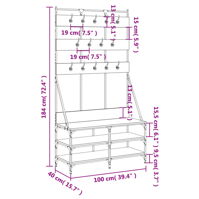 Suport de haine cu raft de pantofi stejar fumuriu, 100x40x184cm WALTI