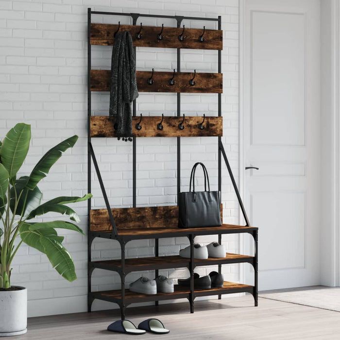 Suport de haine cu raft de pantofi stejar fumuriu, 100x40x184cm WALTI