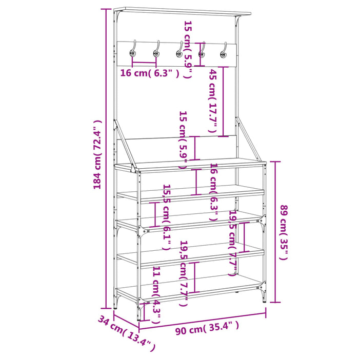 Suport de haine cu raft de pantofi stejar fumuriu, 90x34x184 cm WALTI