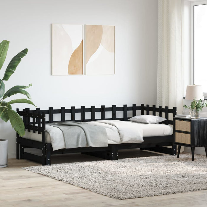 Pat de zi extensibil, negru, 2x(90x190) cm, lemn masiv de pin WALTI