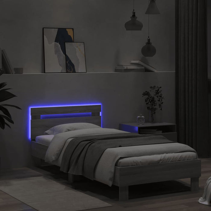 Cadru de pat cu tăblie și lumini LED, gri sonoma, 90x200 cm WALTI