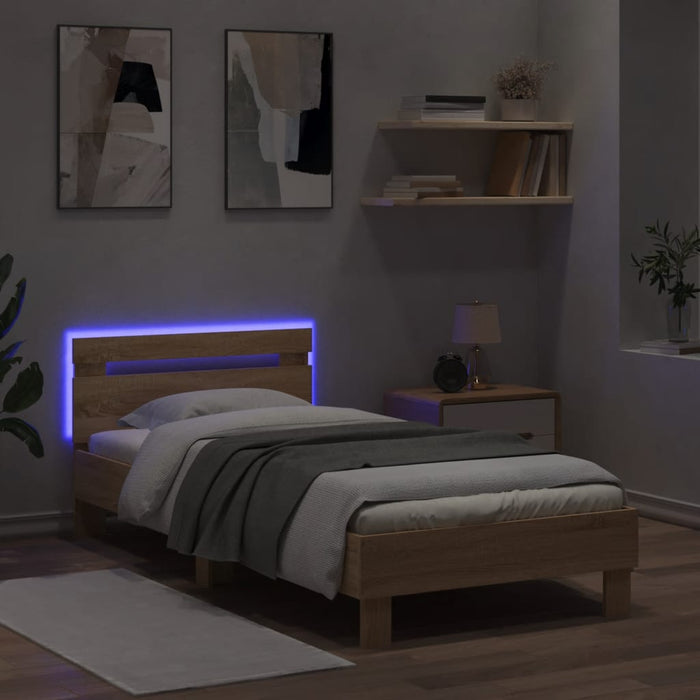 Cadru de pat cu tăblie și lumini LED, stejar sonoma, 75x190 cm WALTI