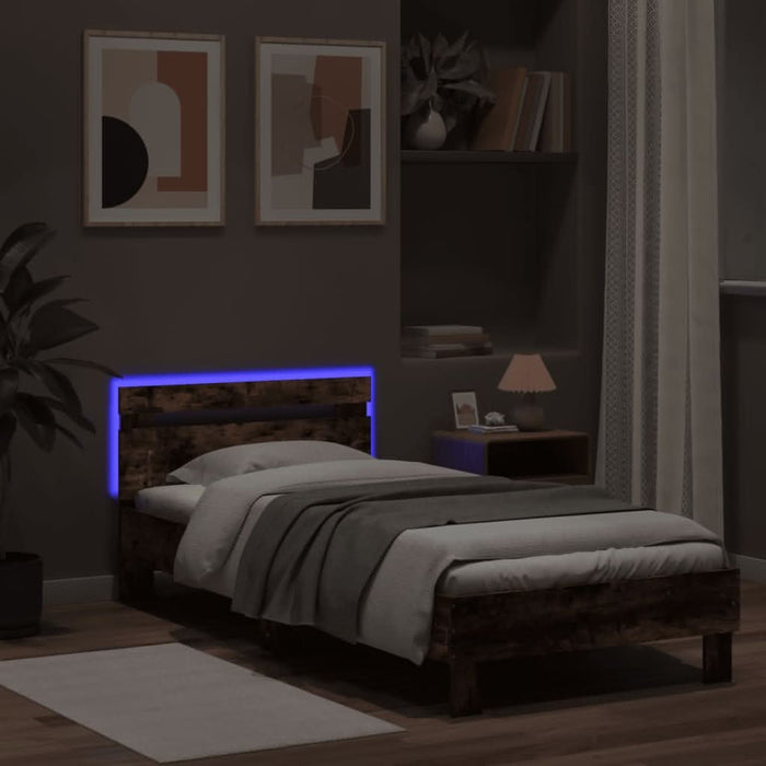 Cadru de pat cu tăblie și lumini LED, stejar fumuriu, 75x190 cm WALTI