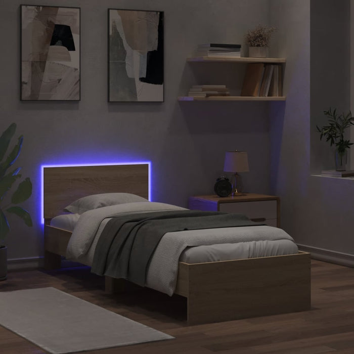 Cadru de pat cu tăblie și lumini LED, stejar sonoma, 90x190 cm WALTI